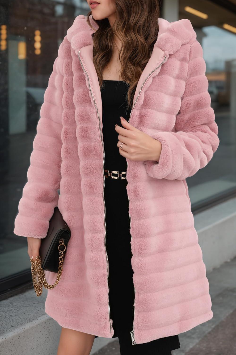 imageRISISSIDA Women Long Faux Fur Coat Fuzzy Jacket Hooded Winter Fall Warm OvercoatDark Pinkhorizontal Texture