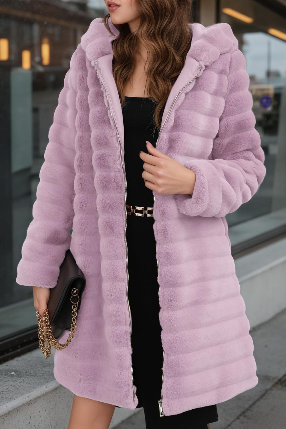 imageRISISSIDA Women Long Faux Fur Coat Fuzzy Jacket Hooded Winter Fall Warm OvercoatPink Purplehorizontal Texture
