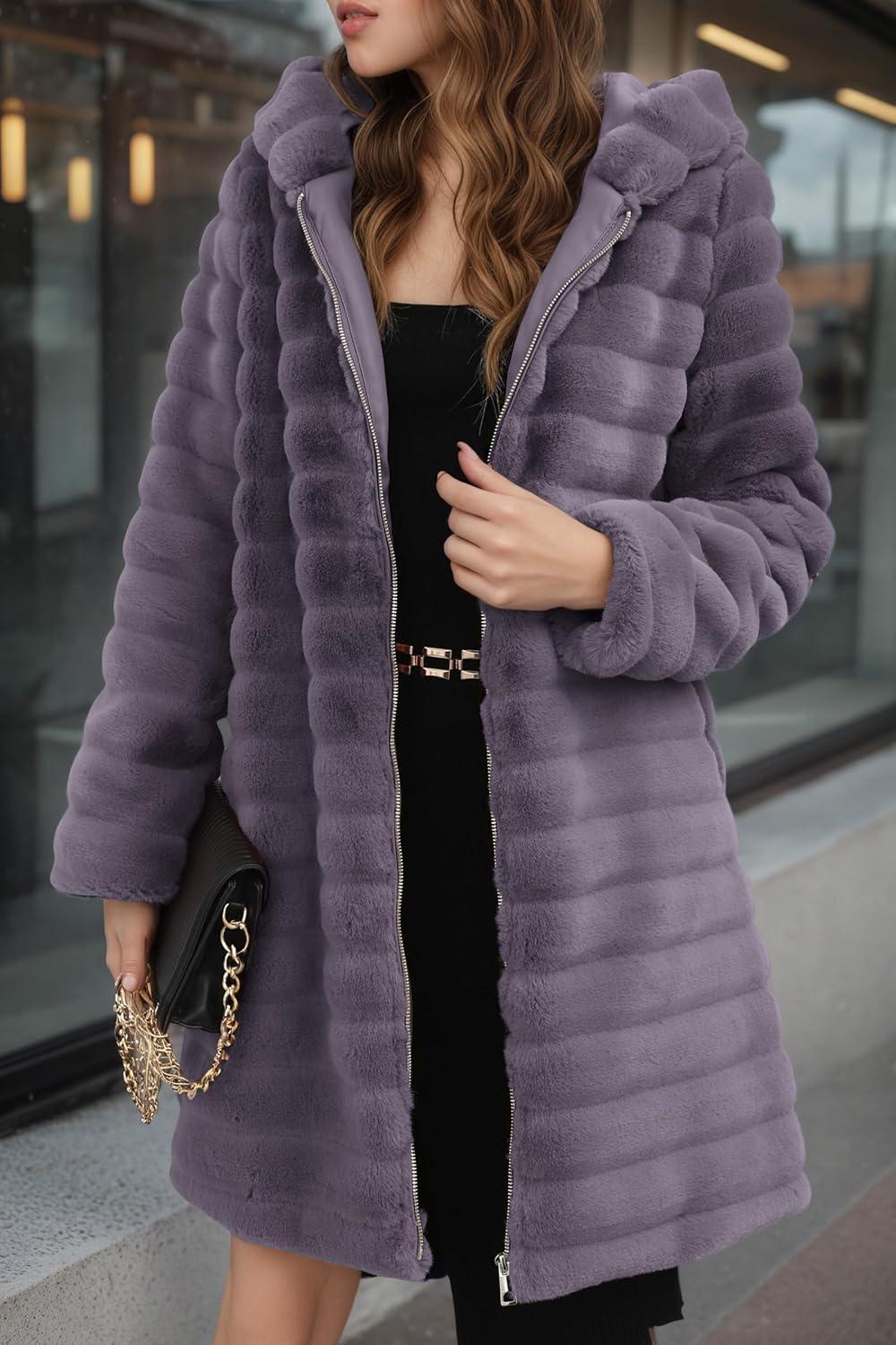 imageRISISSIDA Women Long Faux Fur Coat Fuzzy Jacket Hooded Winter Fall Warm OvercoatPurplehorizontal Texture
