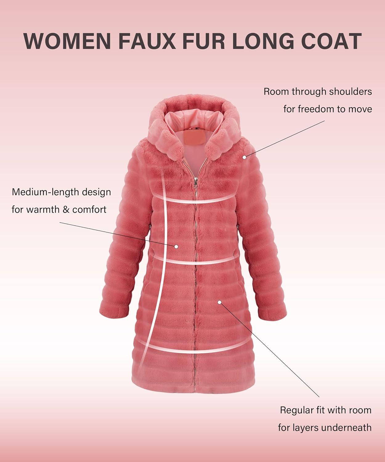 imageRISISSIDA Women Long Faux Fur Coat Fuzzy Jacket Hooded Winter Fall Warm OvercoatRedhorizontal Texture