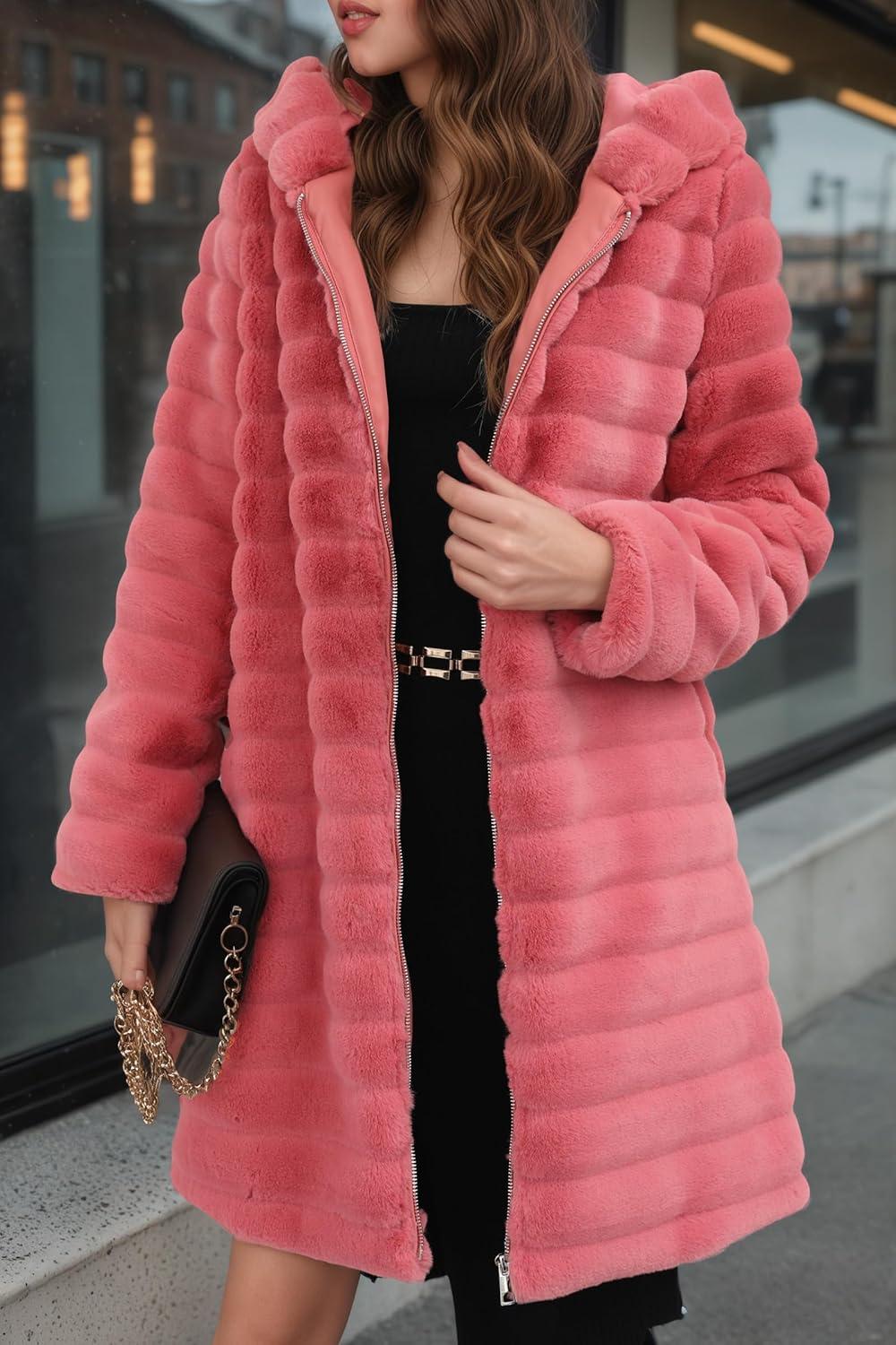 imageRISISSIDA Women Long Faux Fur Coat Fuzzy Jacket Hooded Winter Fall Warm OvercoatRedhorizontal Texture