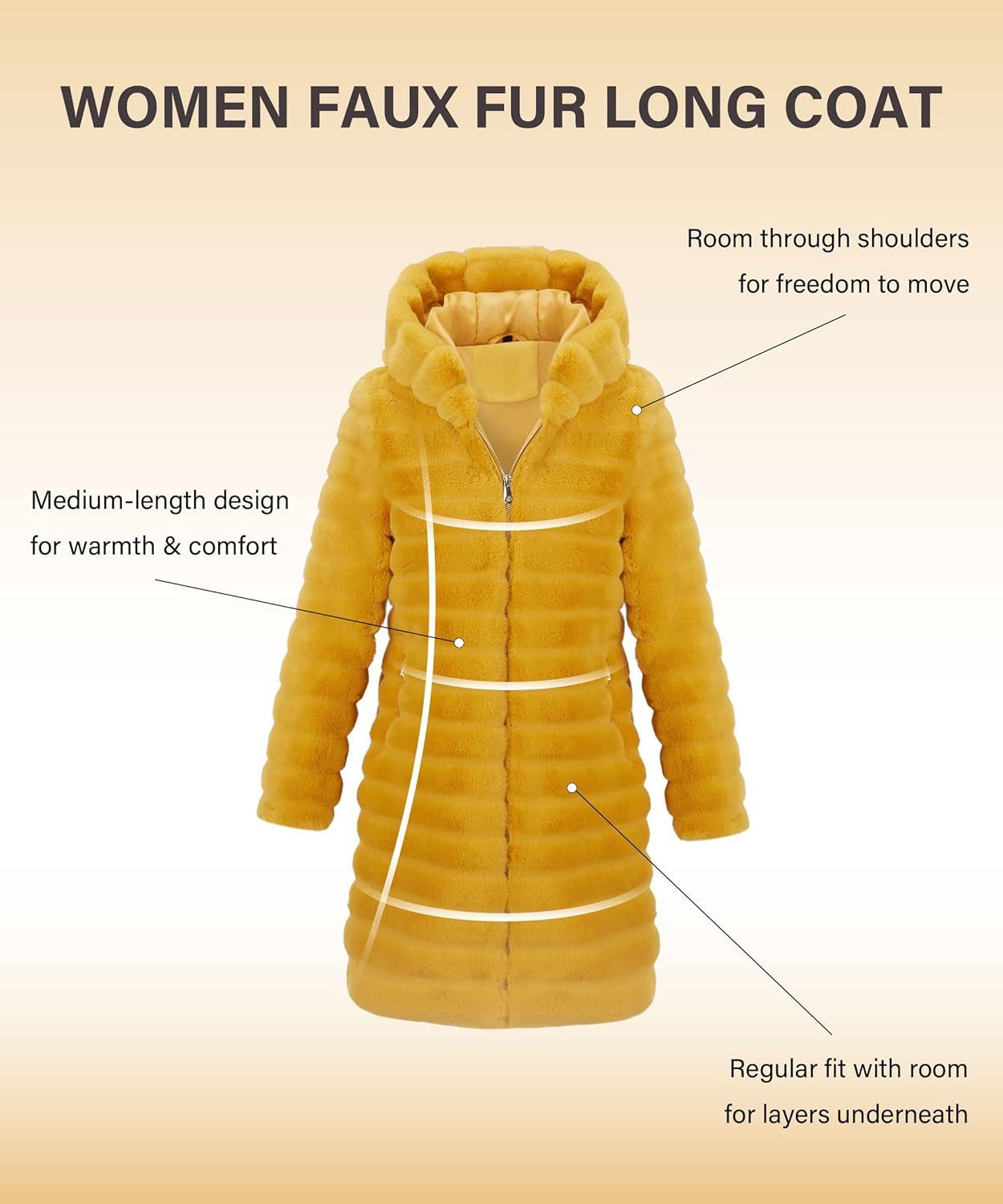 imageRISISSIDA Women Long Faux Fur Coat Fuzzy Jacket Hooded Winter Fall Warm OvercoatYellowhorizontal Texture