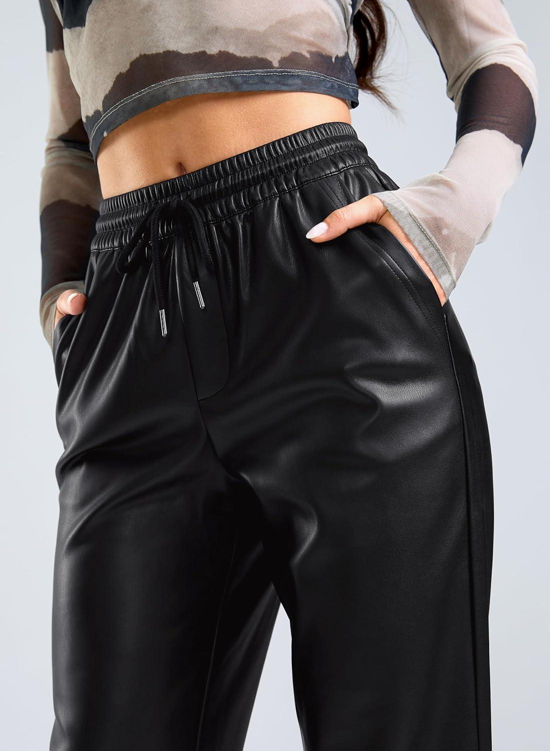 imageSANTINY Womens Faux Leather Pants High Waisted Straight Leg Cropped Ankle Trousers Vegan Matte Pleather Pants for WomenBlack