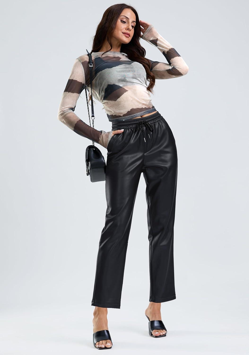 imageSANTINY Womens Faux Leather Pants High Waisted Straight Leg Cropped Ankle Trousers Vegan Matte Pleather Pants for WomenBlack