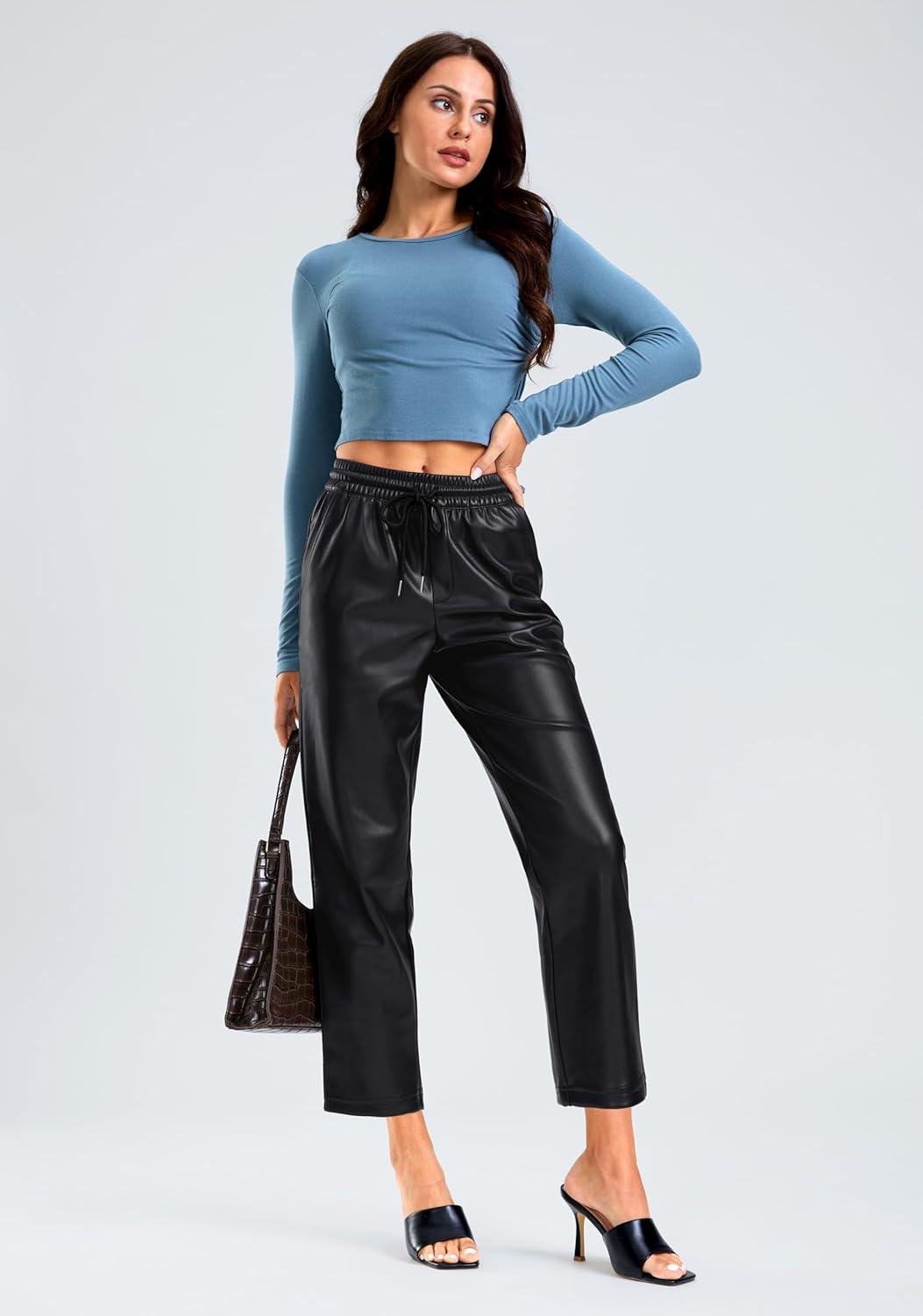 imageSANTINY Womens Faux Leather Pants High Waisted Straight Leg Cropped Ankle Trousers Vegan Matte Pleather Pants for WomenBlack