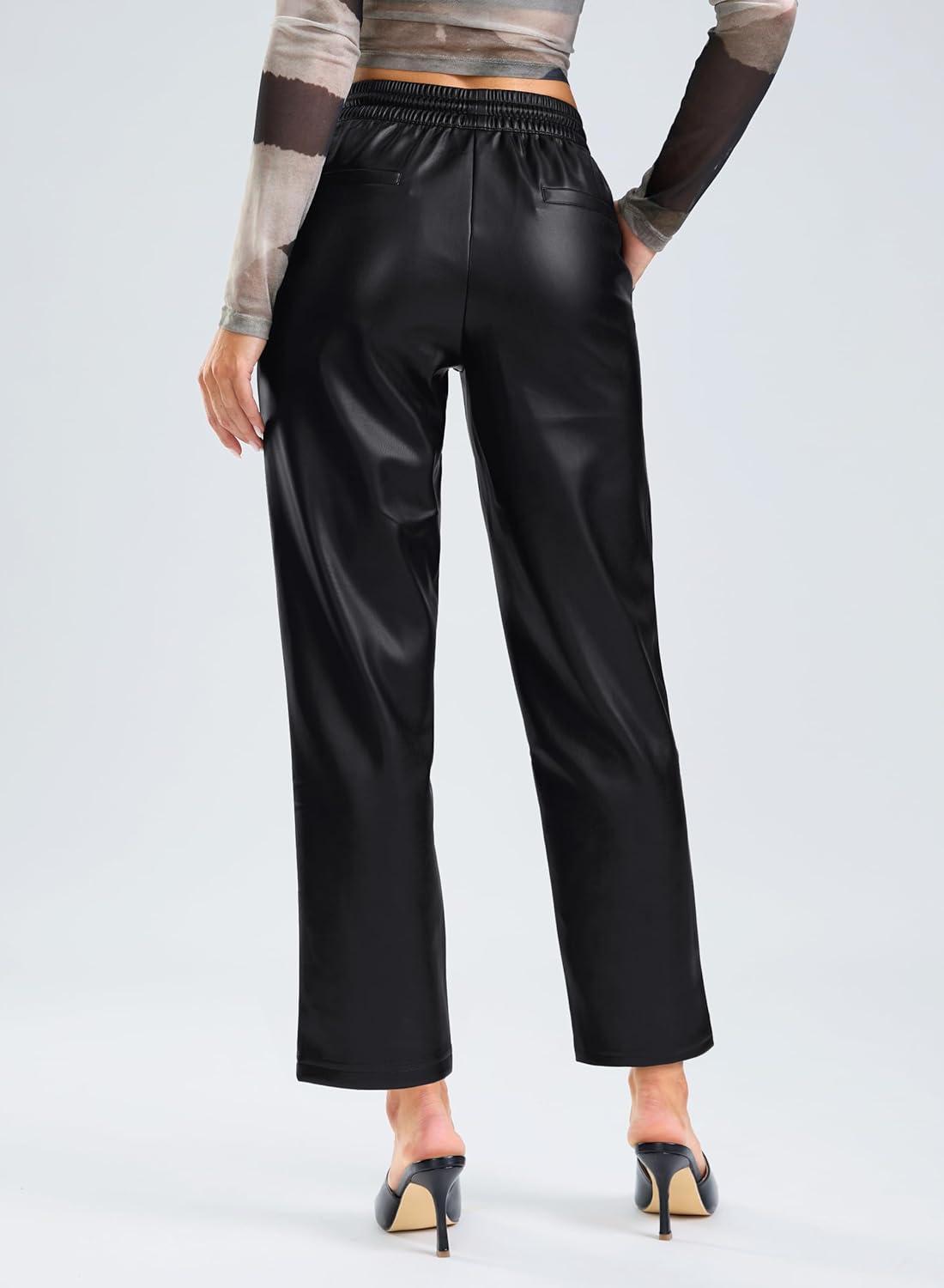 imageSANTINY Womens Faux Leather Pants High Waisted Straight Leg Cropped Ankle Trousers Vegan Matte Pleather Pants for WomenBlack