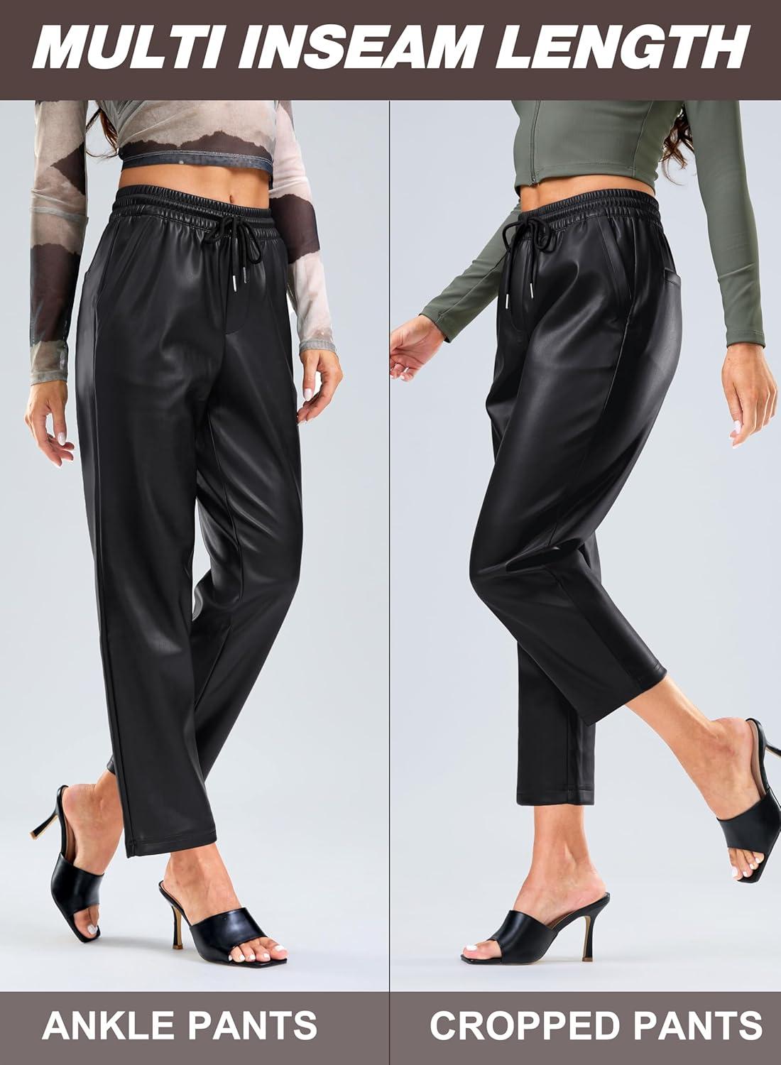 imageSANTINY Womens Faux Leather Pants High Waisted Straight Leg Cropped Ankle Trousers Vegan Matte Pleather Pants for WomenBlack