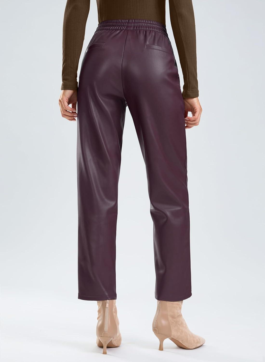 imageSANTINY Womens Faux Leather Pants High Waisted Straight Leg Cropped Ankle Trousers Vegan Matte Pleather Pants for WomenWine