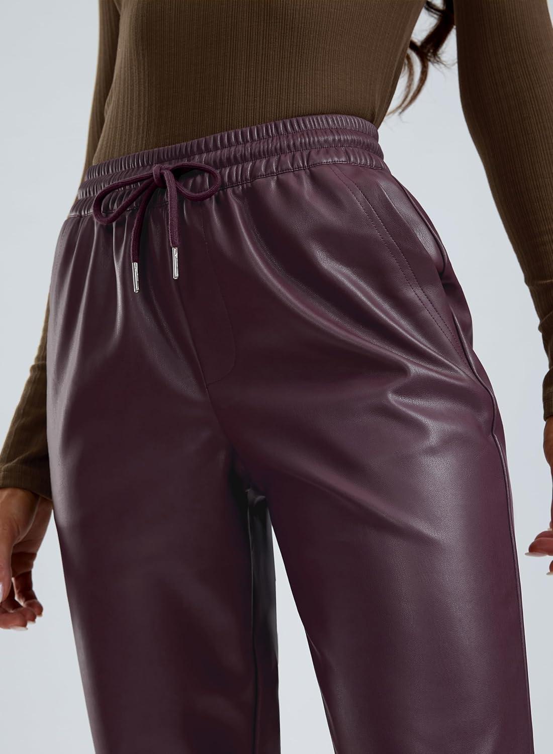 imageSANTINY Womens Faux Leather Pants High Waisted Straight Leg Cropped Ankle Trousers Vegan Matte Pleather Pants for WomenWine