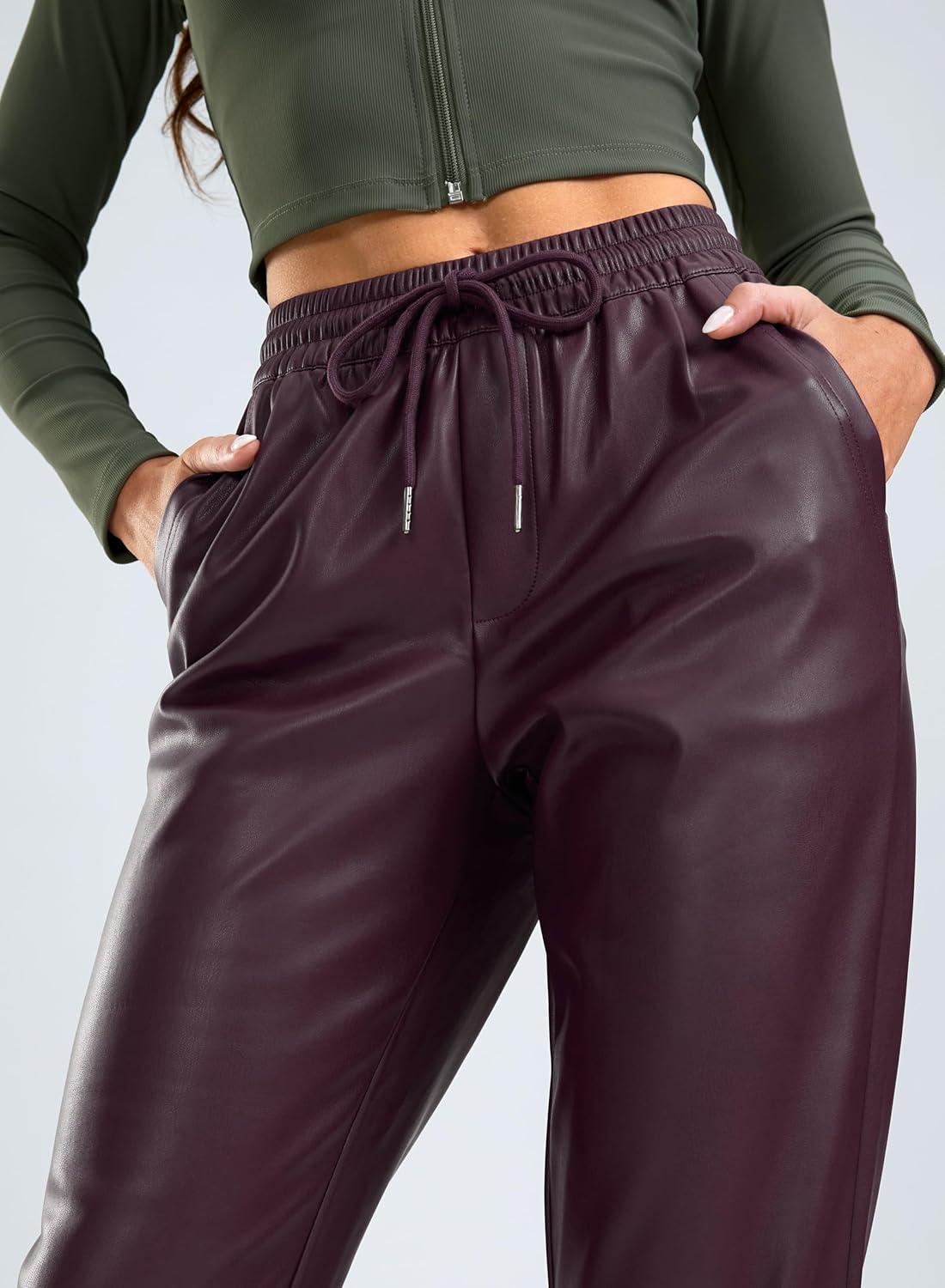 imageSANTINY Womens Faux Leather Pants High Waisted Straight Leg Cropped Ankle Trousers Vegan Matte Pleather Pants for WomenWine