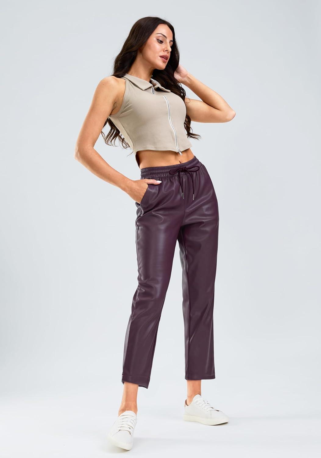 imageSANTINY Womens Faux Leather Pants High Waisted Straight Leg Cropped Ankle Trousers Vegan Matte Pleather Pants for WomenWine