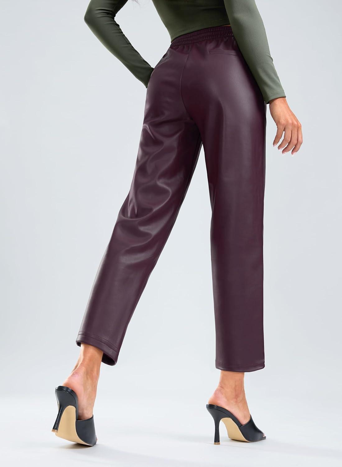 imageSANTINY Womens Faux Leather Pants High Waisted Straight Leg Cropped Ankle Trousers Vegan Matte Pleather Pants for WomenWine