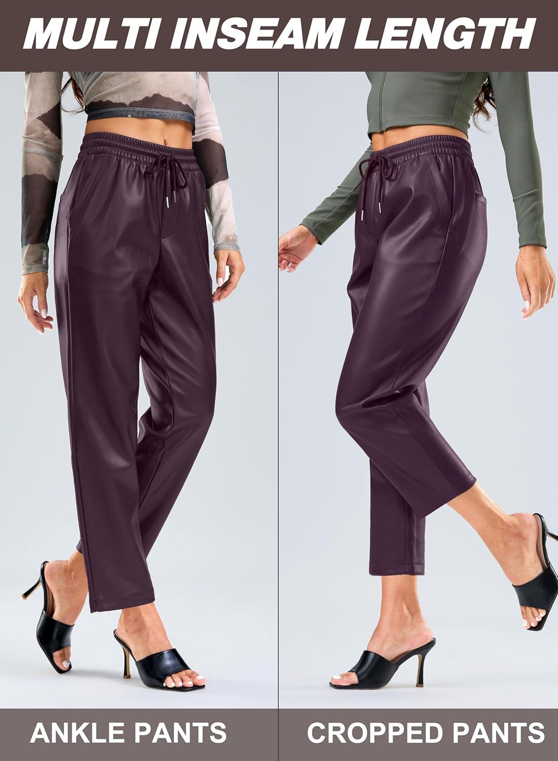 imageSANTINY Womens Faux Leather Pants High Waisted Straight Leg Cropped Ankle Trousers Vegan Matte Pleather Pants for WomenWine