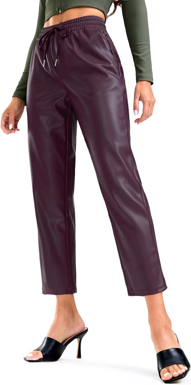 imageSANTINY Womens Faux Leather Pants High Waisted Straight Leg Cropped Ankle Trousers Vegan Matte Pleather Pants for WomenWine