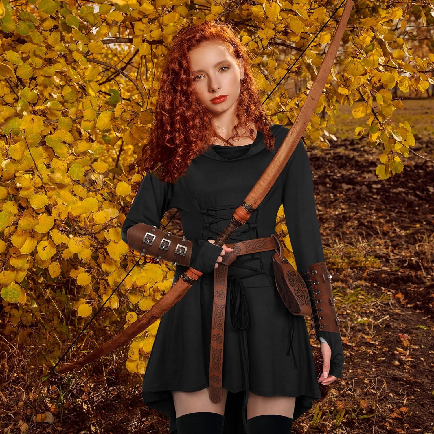 imageSuhine 5 Pcs Renaissance Women Costume Medieval Hooded Robe Carnival Vintage Faux Leather Arm Pouch Belt for Cosplay PartyBlack