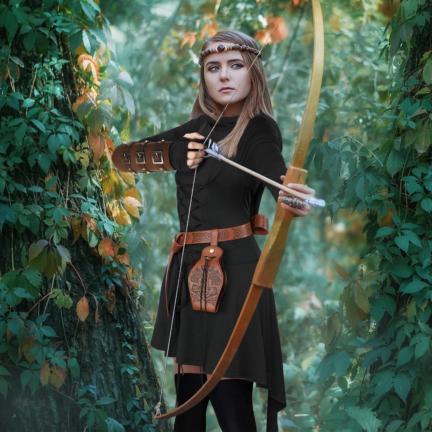 imageSuhine 5 Pcs Renaissance Women Costume Medieval Hooded Robe Carnival Vintage Faux Leather Arm Pouch Belt for Cosplay PartyBlack