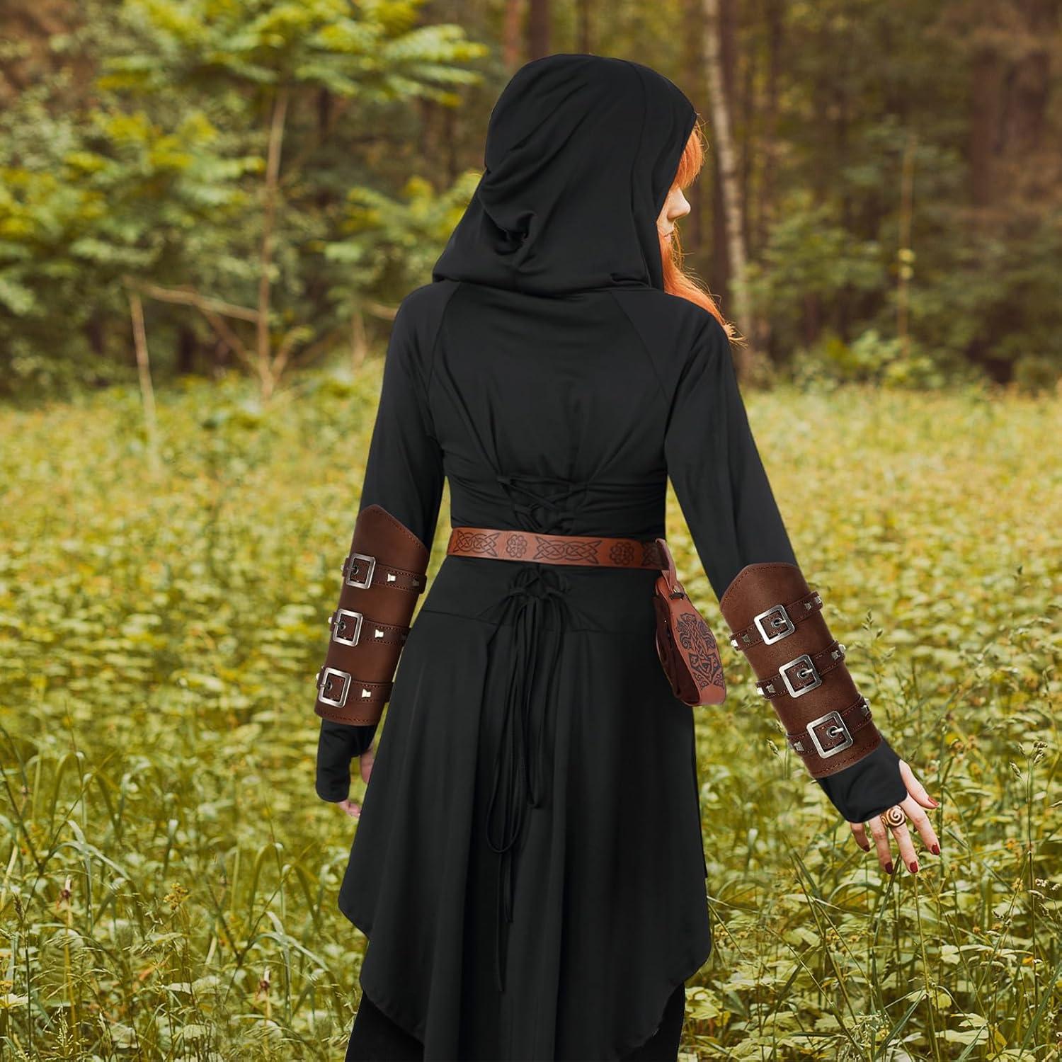 imageSuhine 5 Pcs Renaissance Women Costume Medieval Hooded Robe Carnival Vintage Faux Leather Arm Pouch Belt for Cosplay PartyBlack