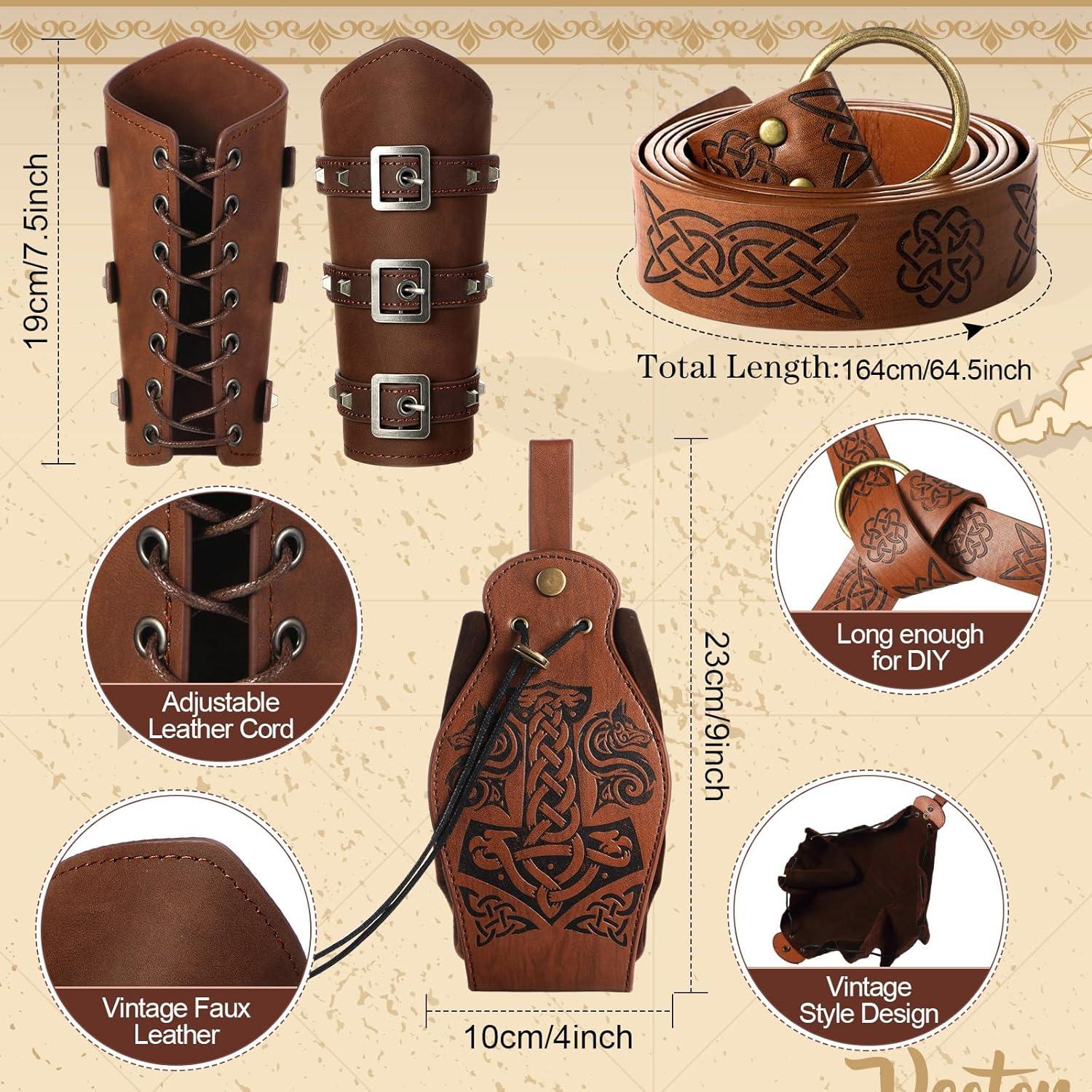 imageSuhine 5 Pcs Renaissance Women Costume Medieval Hooded Robe Carnival Vintage Faux Leather Arm Pouch Belt for Cosplay PartyBlack