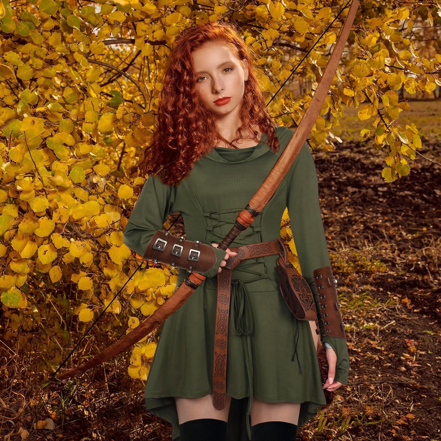 imageSuhine 5 Pcs Renaissance Women Costume Medieval Hooded Robe Carnival Vintage Faux Leather Arm Pouch Belt for Cosplay PartyDark Green
