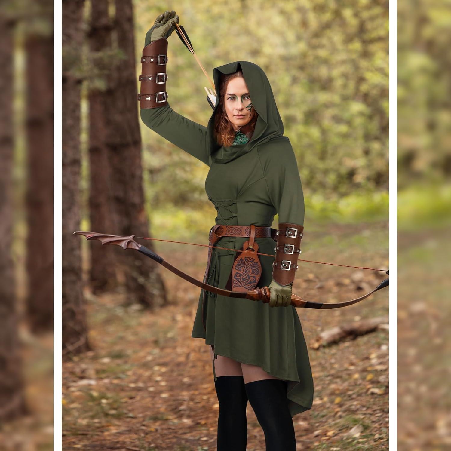 imageSuhine 5 Pcs Renaissance Women Costume Medieval Hooded Robe Carnival Vintage Faux Leather Arm Pouch Belt for Cosplay PartyDark Green