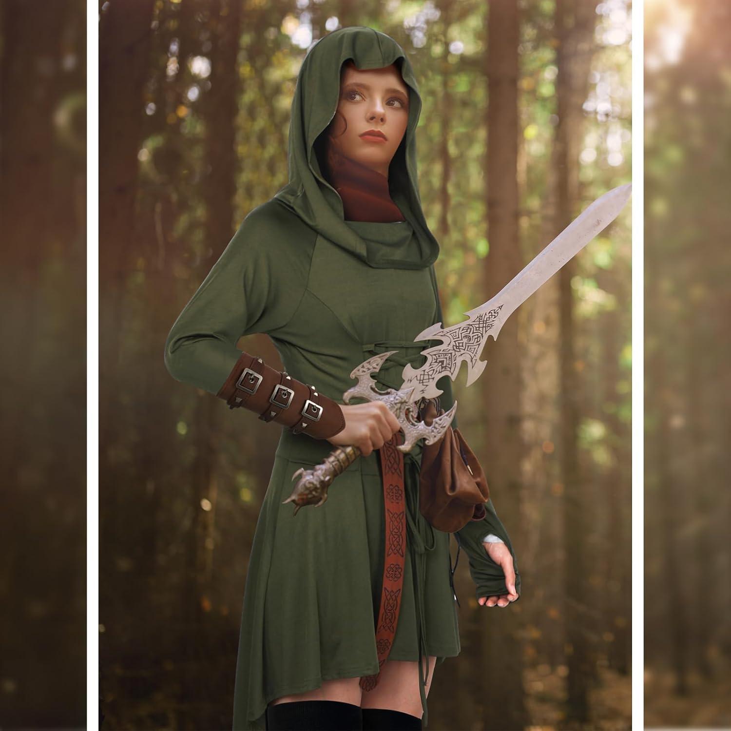 imageSuhine 5 Pcs Renaissance Women Costume Medieval Hooded Robe Carnival Vintage Faux Leather Arm Pouch Belt for Cosplay PartyDark Green