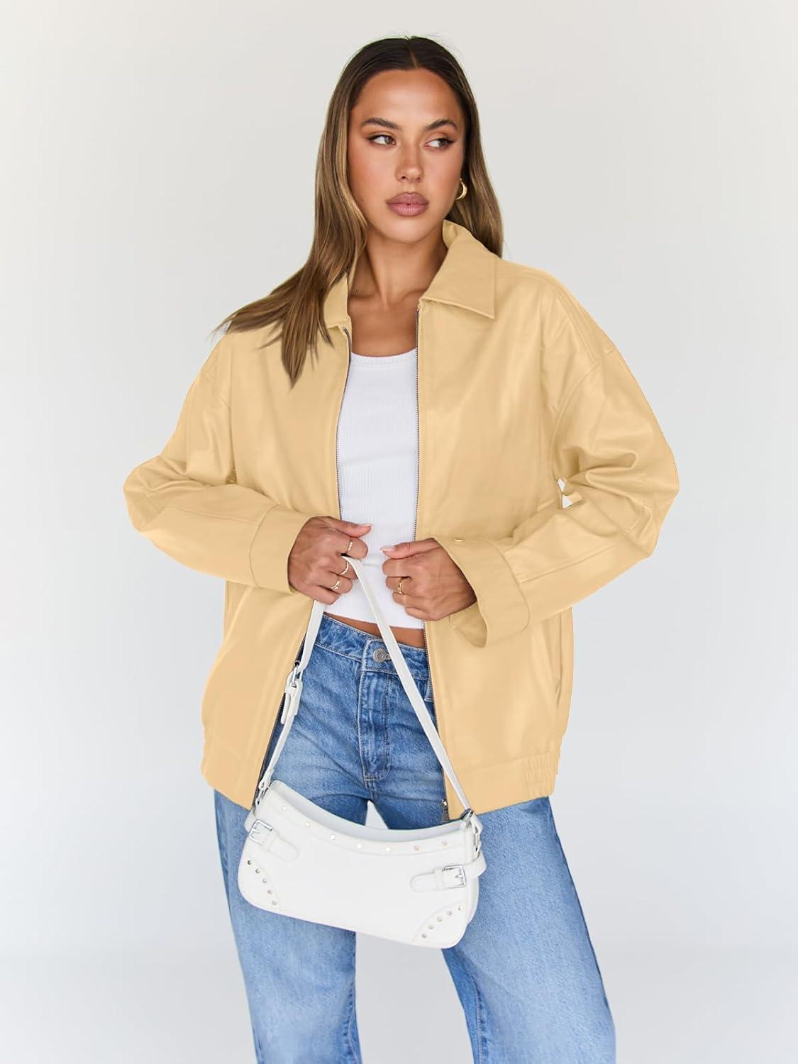 imageTrendy Queen Womens Leather Jacket Oversized Going Out amp Everyday Statement Piece Bomber Jacktes Moto CoatKhaki