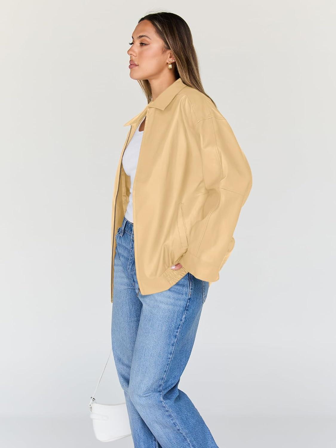 imageTrendy Queen Womens Leather Jacket Oversized Going Out amp Everyday Statement Piece Bomber Jacktes Moto CoatKhaki