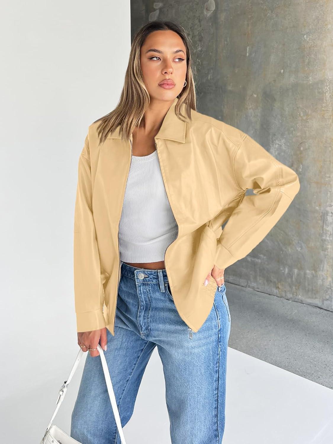 imageTrendy Queen Womens Leather Jacket Oversized Going Out amp Everyday Statement Piece Bomber Jacktes Moto CoatKhaki