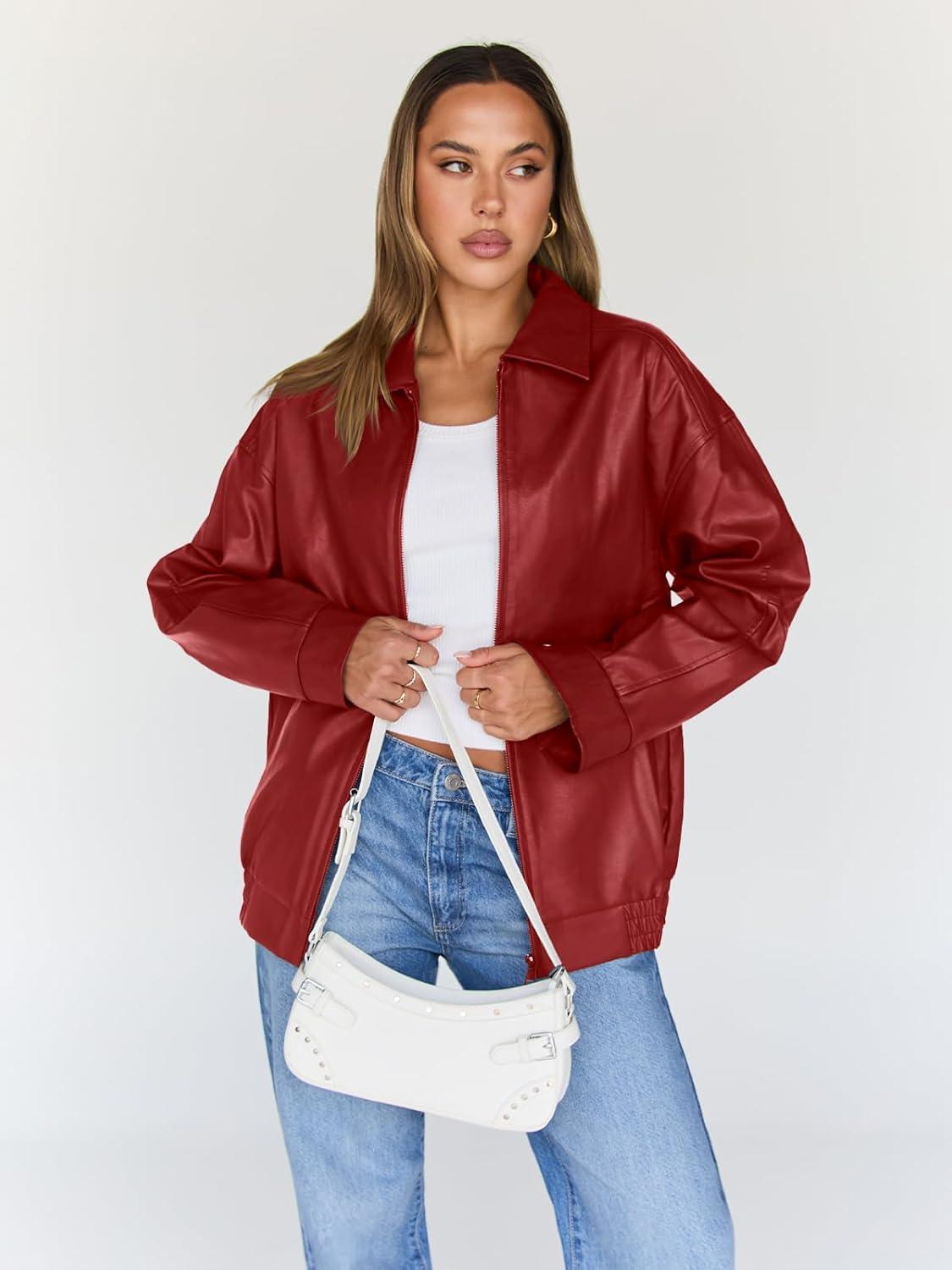 imageTrendy Queen Womens Leather Jacket Oversized Going Out amp Everyday Statement Piece Bomber Jacktes Moto CoatRed