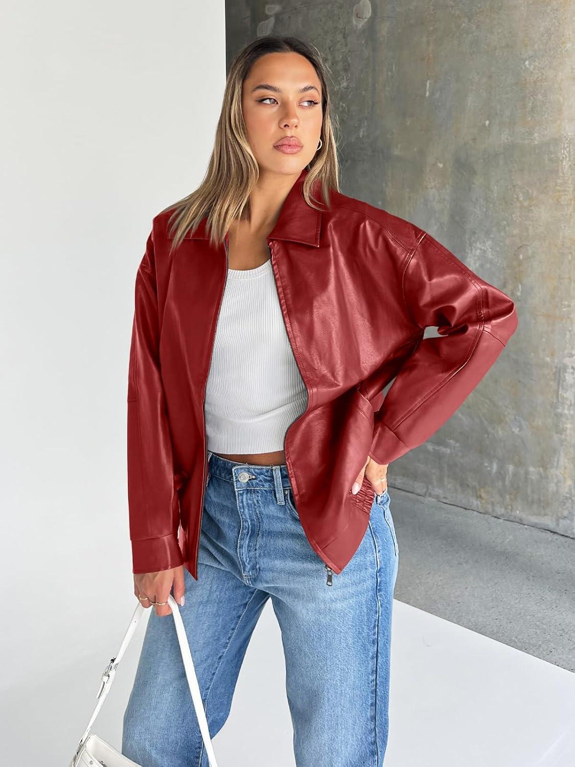imageTrendy Queen Womens Leather Jacket Oversized Going Out amp Everyday Statement Piece Bomber Jacktes Moto CoatRed