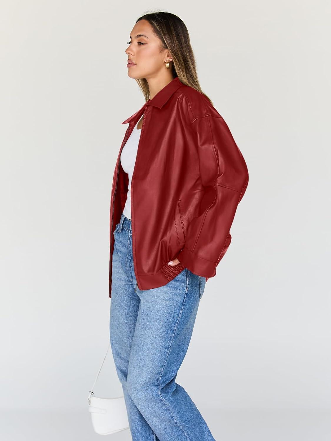 imageTrendy Queen Womens Leather Jacket Oversized Going Out amp Everyday Statement Piece Bomber Jacktes Moto CoatRed