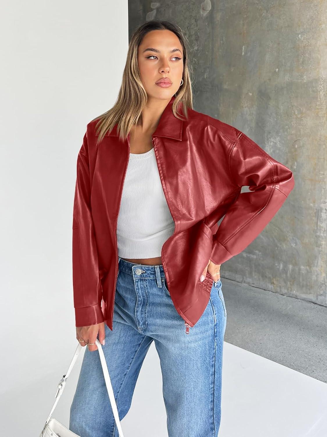 imageTrendy Queen Womens Leather Jacket Oversized Going Out amp Everyday Statement Piece Bomber Jacktes Moto CoatRed