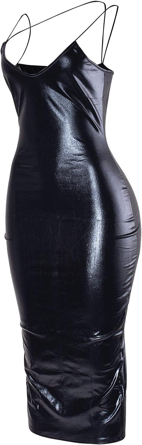 imageVWIWV Womens Sexy Faux Leather Midi Dress Sleeveless V Neck Hem Split Bodycon Pu Dress Party OutfitBlack