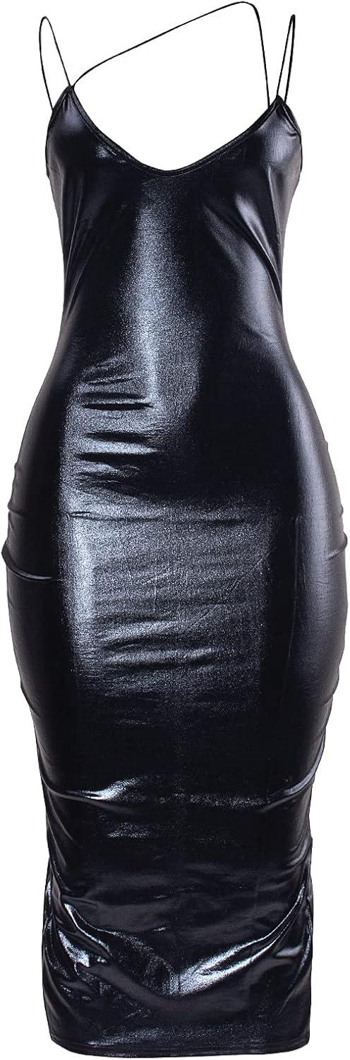 imageVWIWV Womens Sexy Faux Leather Midi Dress Sleeveless V Neck Hem Split Bodycon Pu Dress Party OutfitBlack