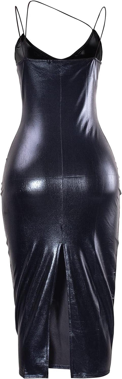imageVWIWV Womens Sexy Faux Leather Midi Dress Sleeveless V Neck Hem Split Bodycon Pu Dress Party OutfitBlack