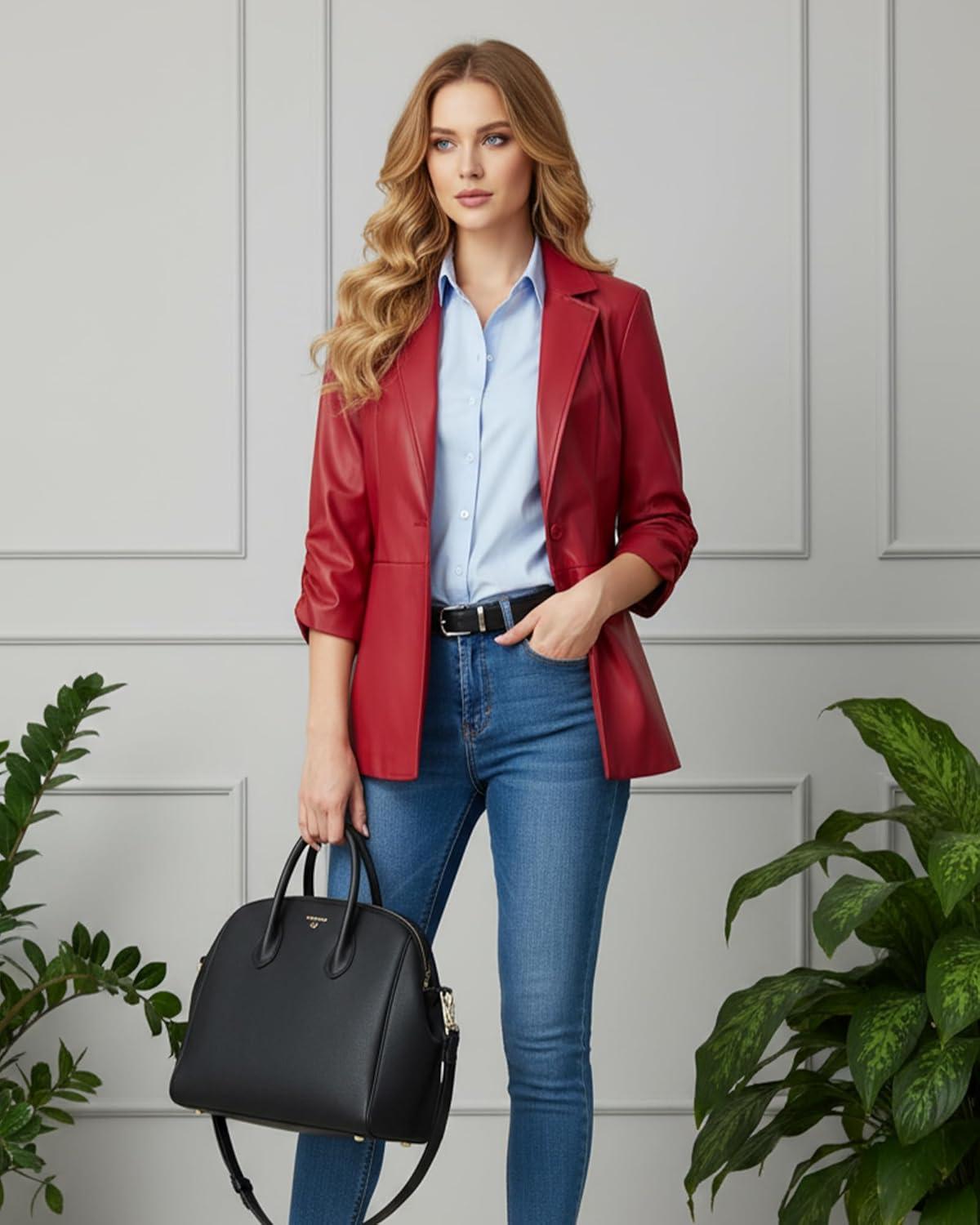 imageWomen Leather Jacket Faux Slim Fit Ruched 34 Sleeve Blazers for Casual Business Interview Semi Formal Work OutfitBright Red