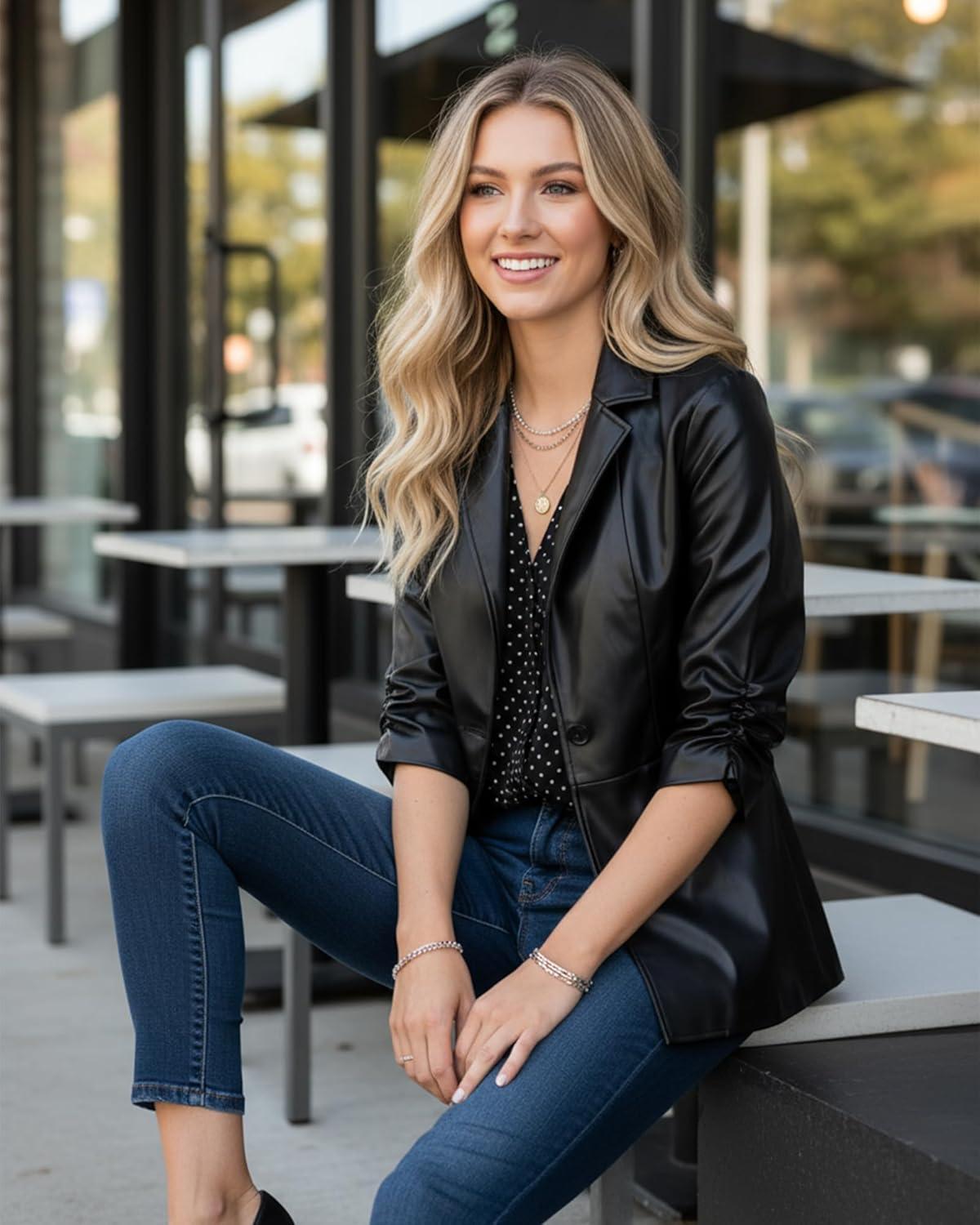 imageWomen Leather Jacket Faux Slim Fit Ruched 34 Sleeve Blazers for Casual Business Interview Semi Formal Work OutfitCharcoal Black