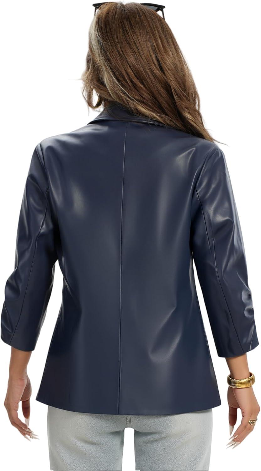 imageWomen Leather Jacket Faux Slim Fit Ruched 34 Sleeve Blazers for Casual Business Interview Semi Formal Work OutfitDeep Blue