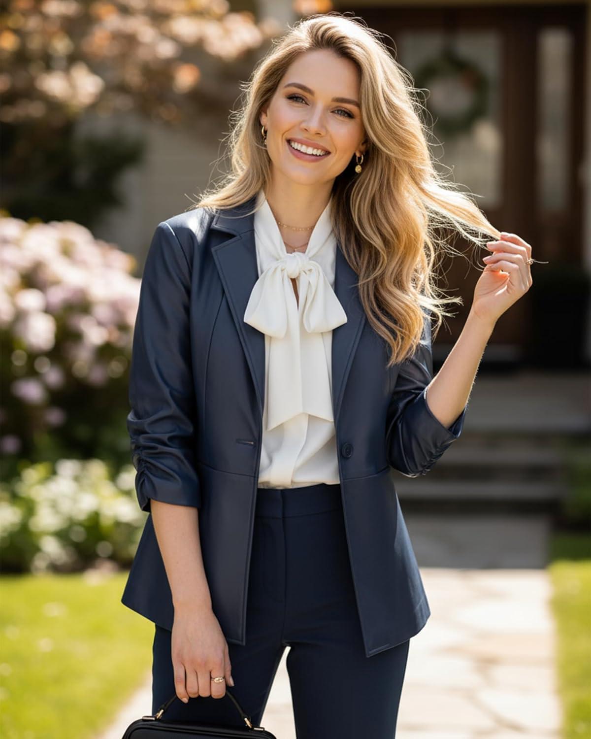 imageWomen Leather Jacket Faux Slim Fit Ruched 34 Sleeve Blazers for Casual Business Interview Semi Formal Work OutfitDeep Blue
