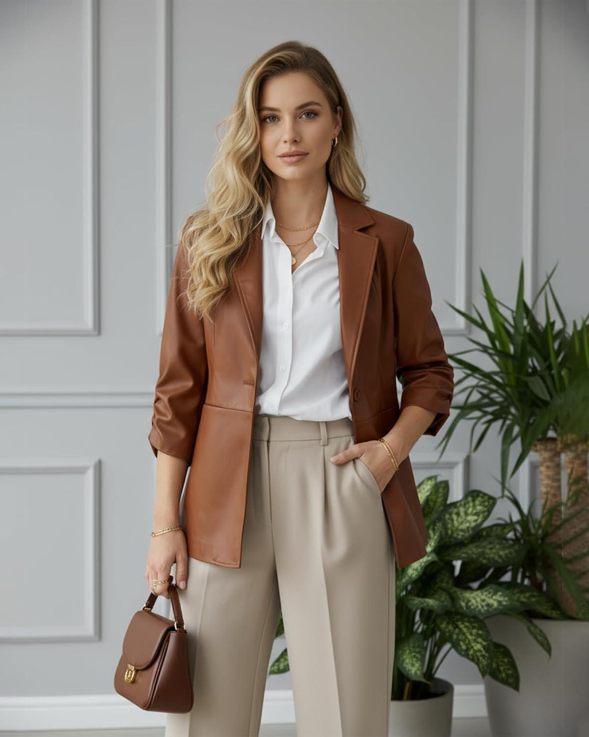 imageWomen Leather Jacket Faux Slim Fit Ruched 34 Sleeve Blazers for Casual Business Interview Semi Formal Work OutfitLight Brown