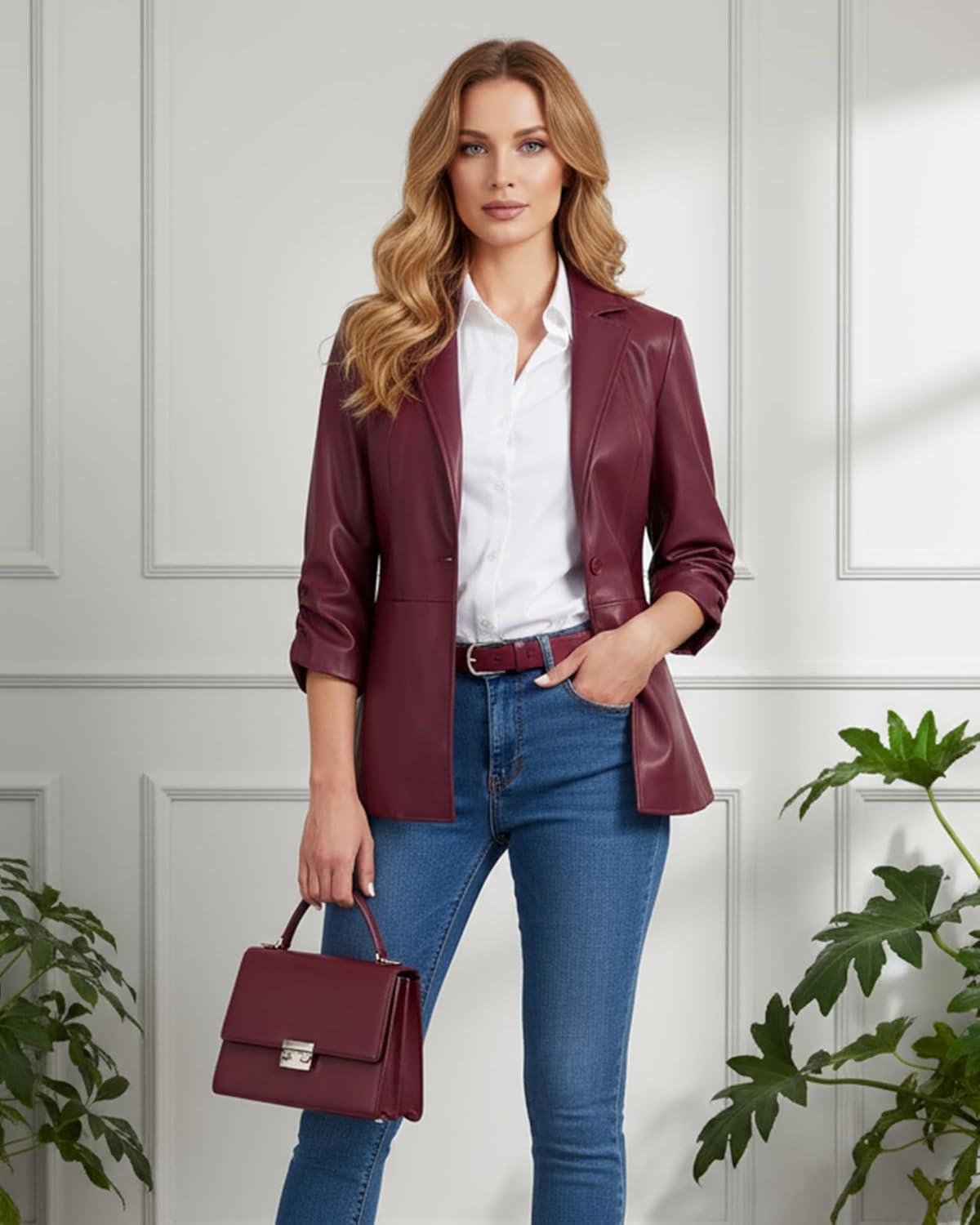 imageWomen Leather Jacket Faux Slim Fit Ruched 34 Sleeve Blazers for Casual Business Interview Semi Formal Work OutfitMaroon