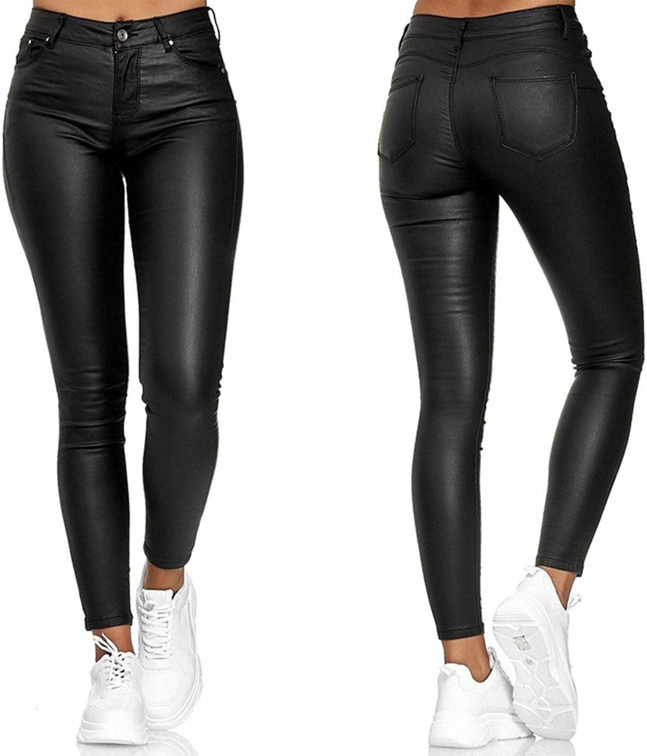 imageWomens Fake Leather Skinny Pants Jeans Style Stretchy Jeggings Faux Leather Sexy Legging Pants with PocketsBlack