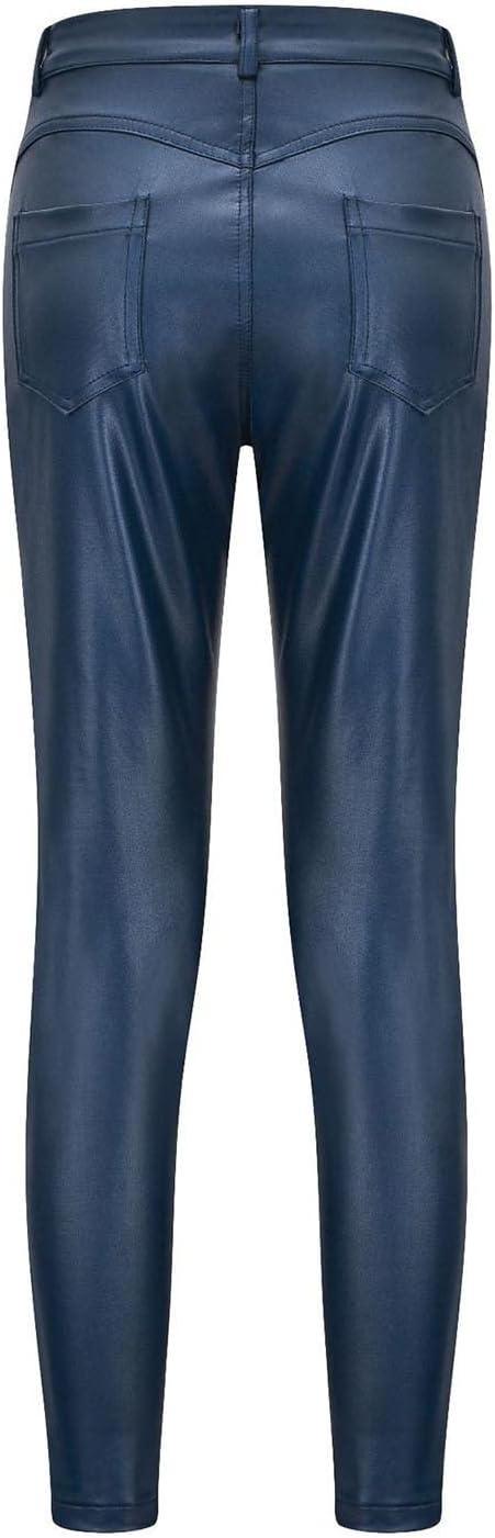 imageWomens Fake Leather Skinny Pants Jeans Style Stretchy Jeggings Faux Leather Sexy Legging Pants with PocketsBlue