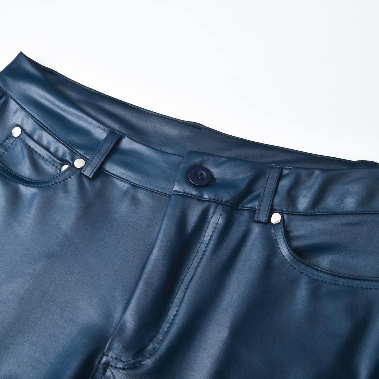 imageWomens Fake Leather Skinny Pants Jeans Style Stretchy Jeggings Faux Leather Sexy Legging Pants with PocketsBlue