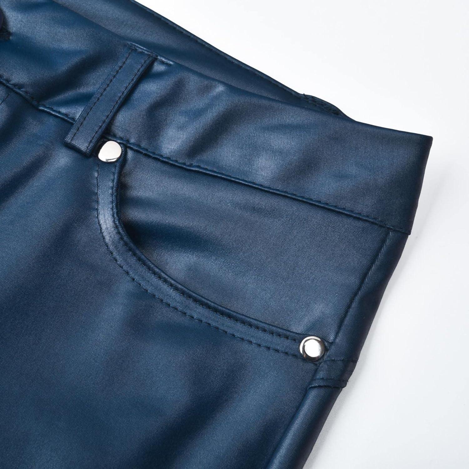 imageWomens Fake Leather Skinny Pants Jeans Style Stretchy Jeggings Faux Leather Sexy Legging Pants with PocketsBlue