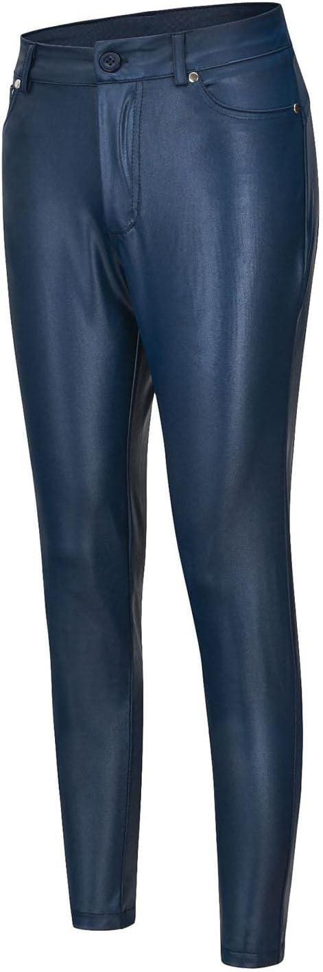 imageWomens Fake Leather Skinny Pants Jeans Style Stretchy Jeggings Faux Leather Sexy Legging Pants with PocketsBlue