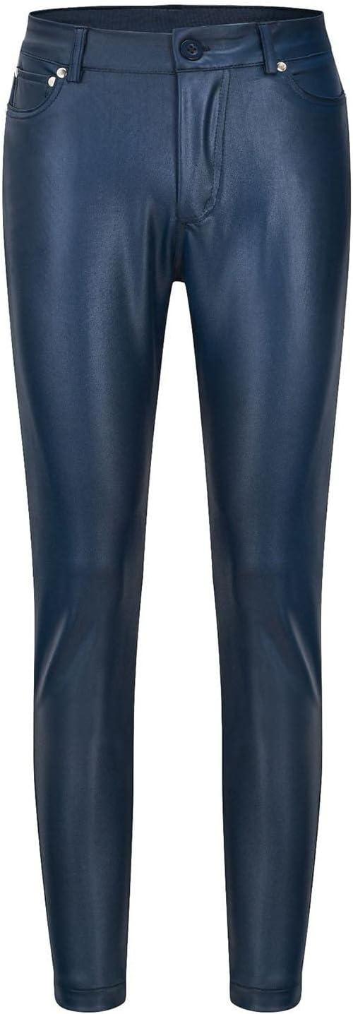 imageWomens Fake Leather Skinny Pants Jeans Style Stretchy Jeggings Faux Leather Sexy Legging Pants with PocketsBlue
