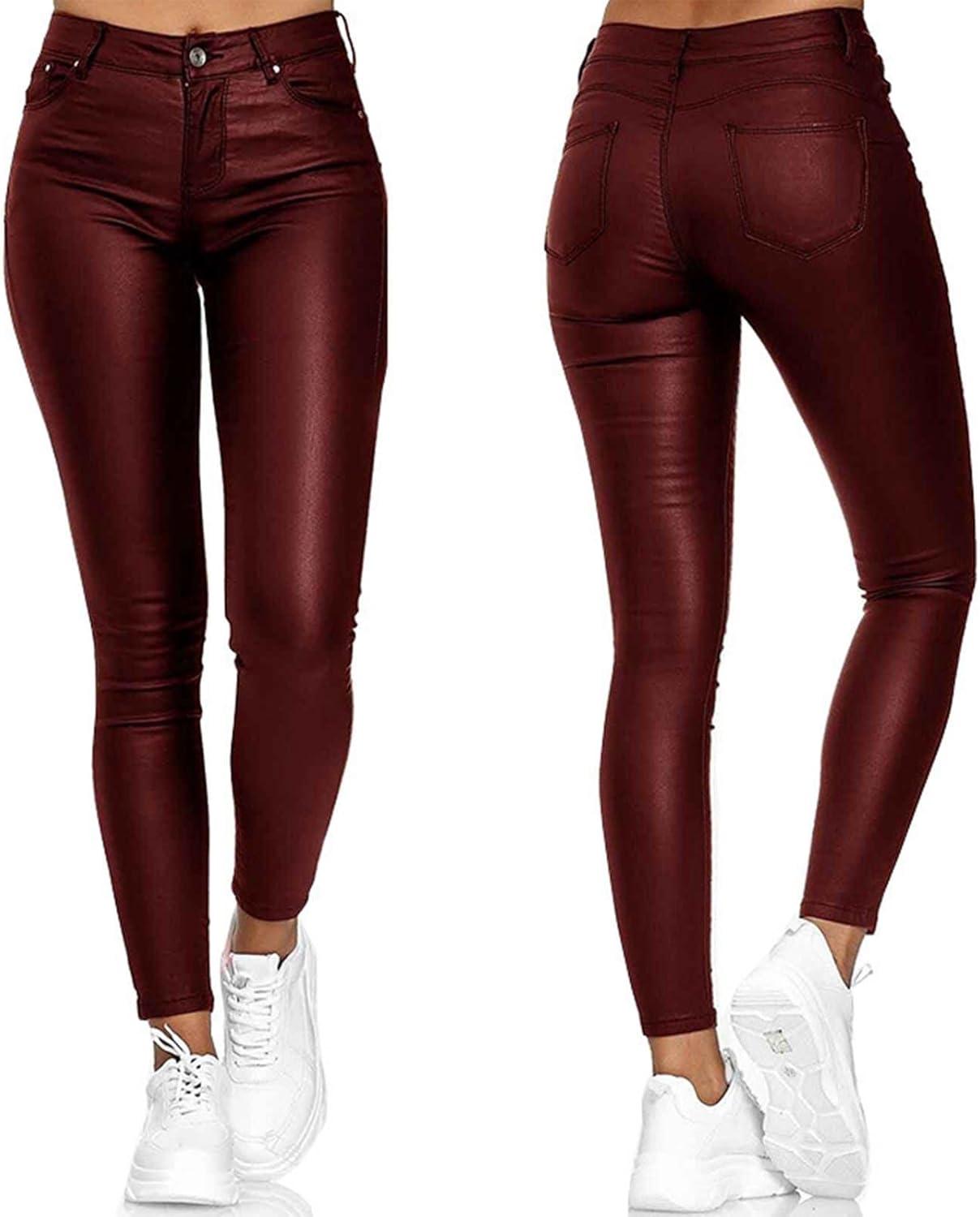 imageWomens Fake Leather Skinny Pants Jeans Style Stretchy Jeggings Faux Leather Sexy Legging Pants with PocketsWine
