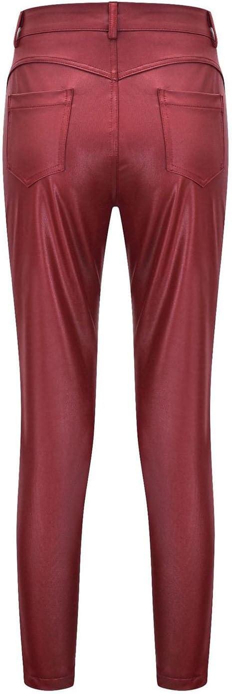 imageWomens Fake Leather Skinny Pants Jeans Style Stretchy Jeggings Faux Leather Sexy Legging Pants with PocketsWine