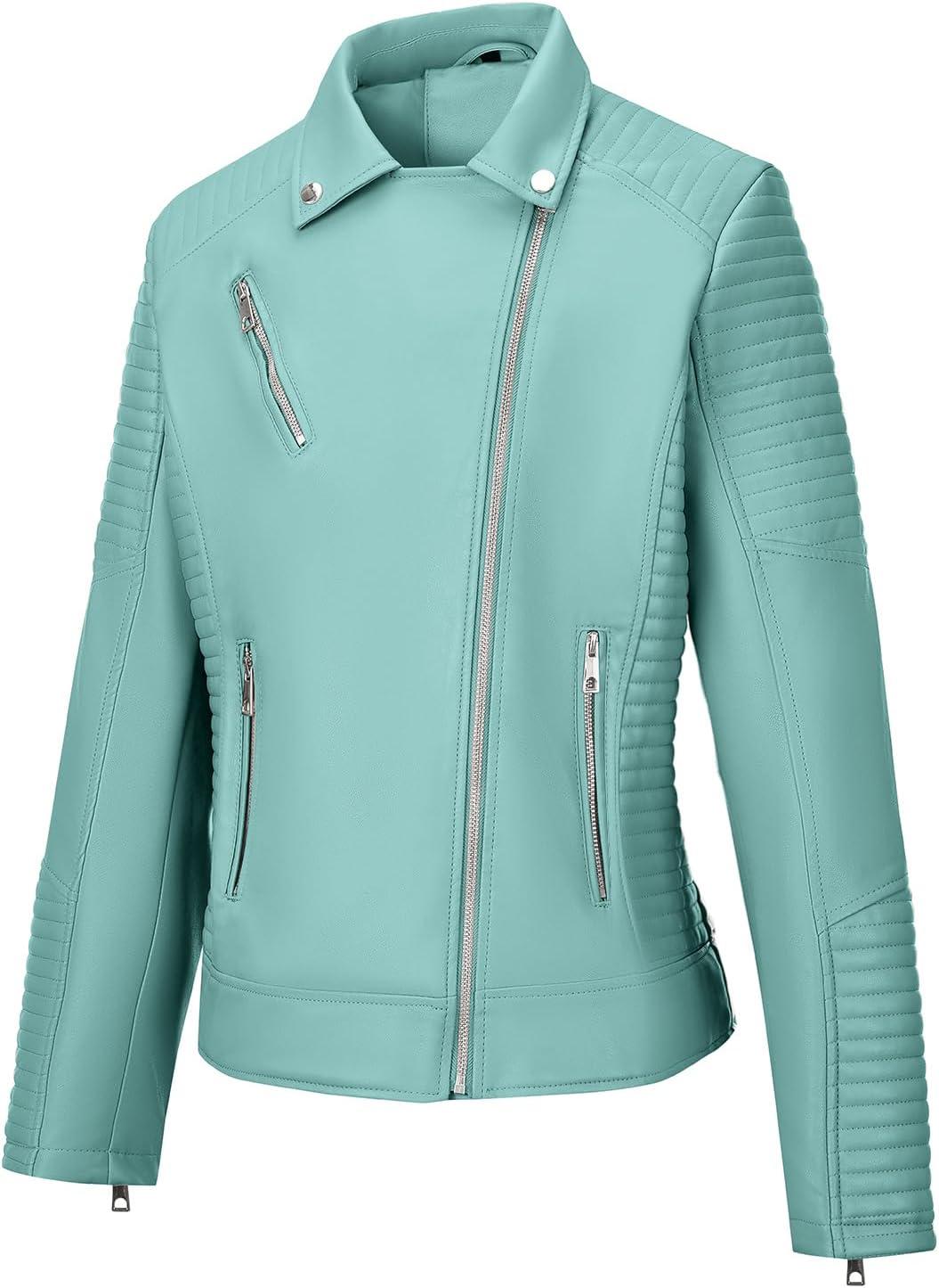 imageWomens Faux Leather Jacket Spring Motorcycle Biker Clothes Outfits Short Fashion PU Casual CoatAcid Blue